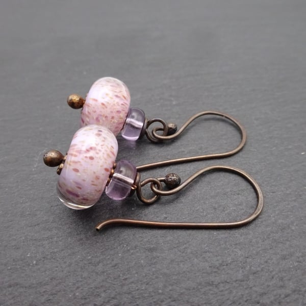 copper earrings, purple lampwork glass jewellery
