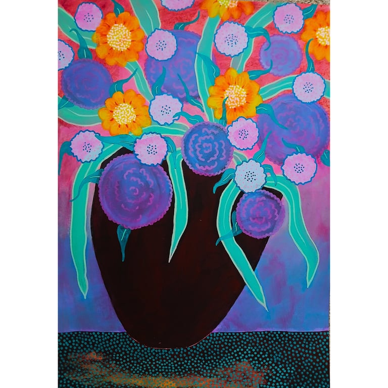 Abstract Flower Still Life Painting Bright Bold Floral Botanical Large Artwork