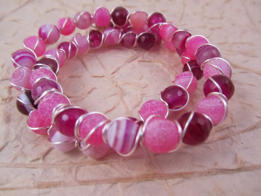 Pink Agate Wire Wrapped Memory Wire Bracelet - Folksy