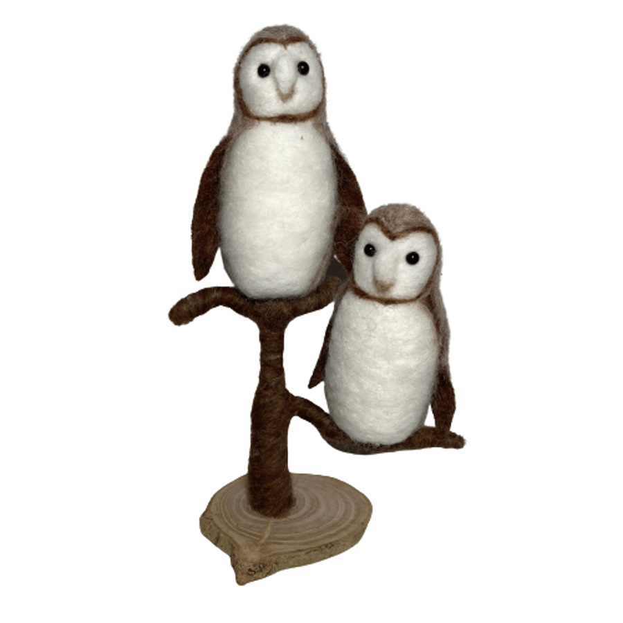 Woollen sculpture, two owls on a perch, needle felted