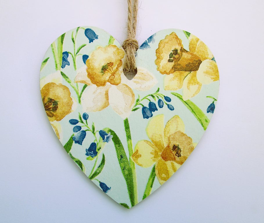 Spring daffodils wood decoupage heart hanging decoration