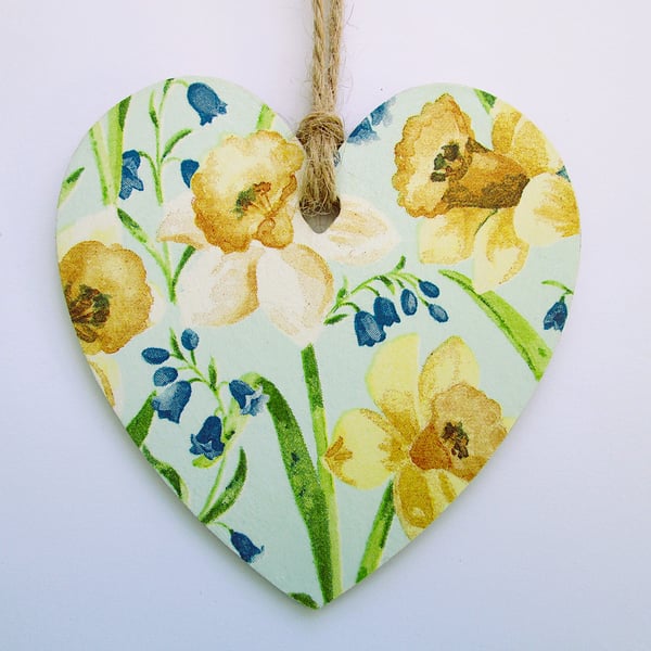 Spring daffodils wood decoupage heart hanging decoration