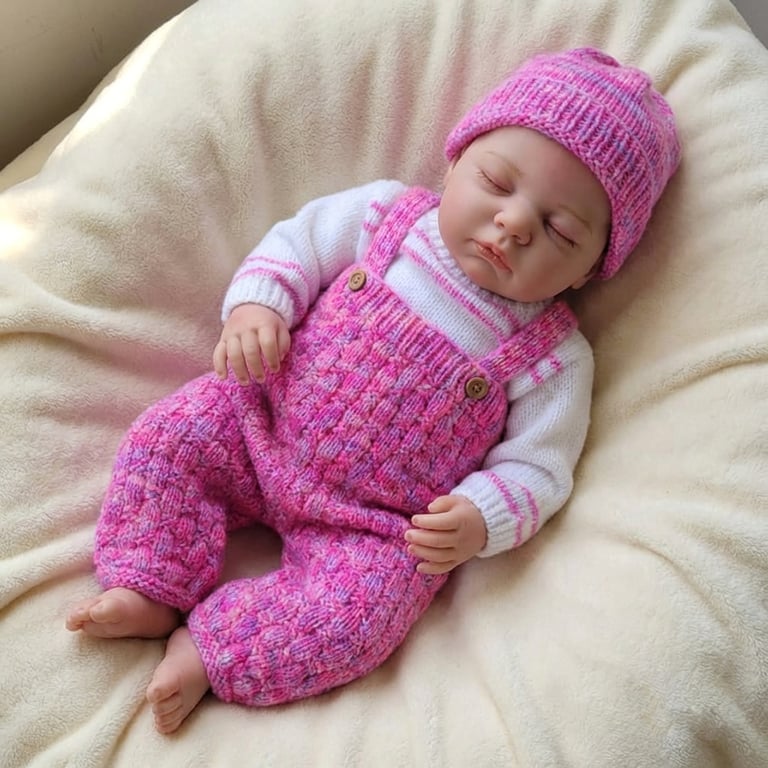 Hand knitted baby girl jumper, dungarees and hat set 0 - 3 months  