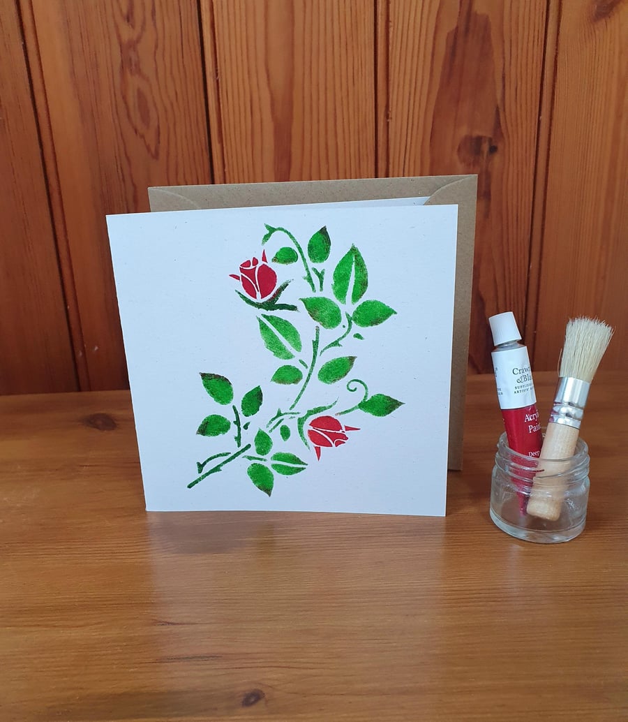 Stencilled Flower Greeting Card - Red Roses