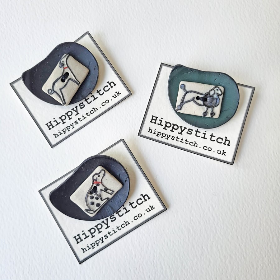 Button Brooch Featuring a Ceramic Dog Button - Various dogs