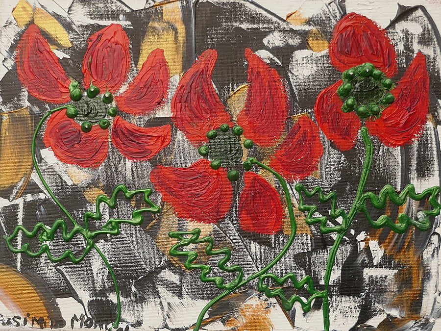  Red Poppy Flowers 3  Absract acrylic painting on canvas 9" x 12"