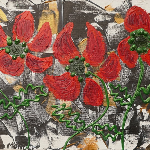  Red Poppy Flowers 3  Absract acrylic painting on canvas 9" x 12"