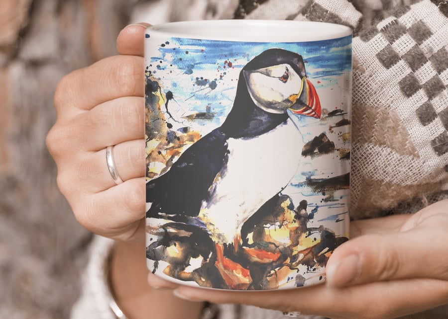 PUFFIN MUG-seaside cup-wildlife mug-coastal mug- nautical Art Mug-Birthday gift 
