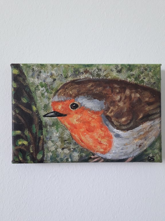 Robin on a branch looking at you, original painting on canvass 