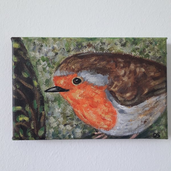 Robin on a branch looking at you, original painting on canvass 