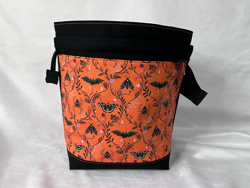 Large Cotton Canvas Drawstring Project Bag Black & Orange Bats Spiders & Moths