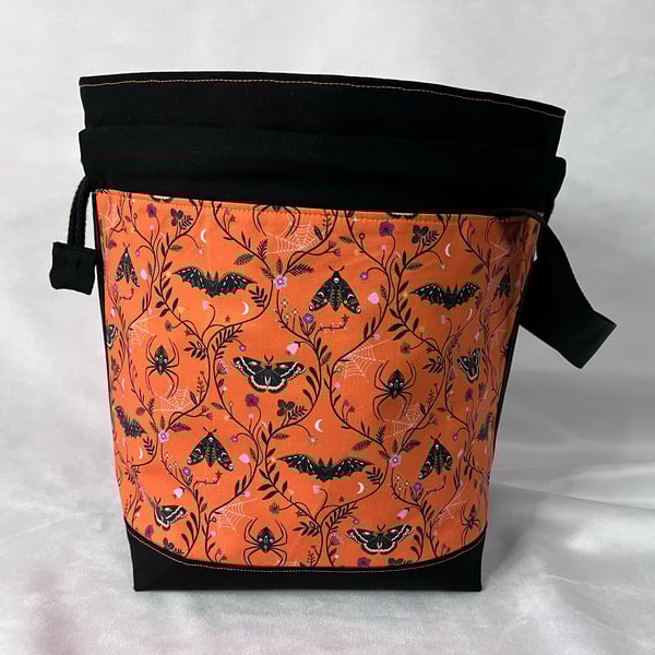 Large Cotton Canvas Drawstring Project Bag Black & Orange Bats Spiders & Moths