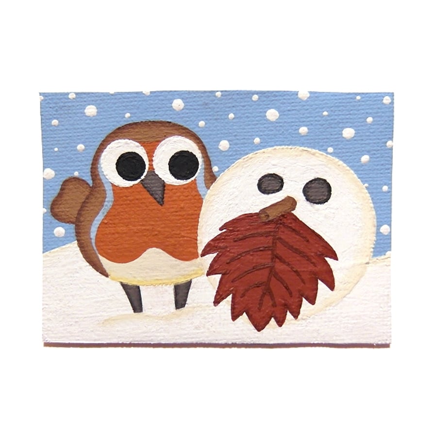 Robin and Snowball Cute ACEO - Perfectly Imperfect Small Acrylic Painting