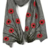 Nuno felted long grey poppy scarf, merino wool on silk