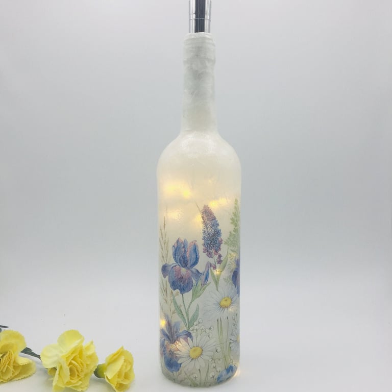 Decoupage Bottle light, Daisies, Iris, LED battery operated lights