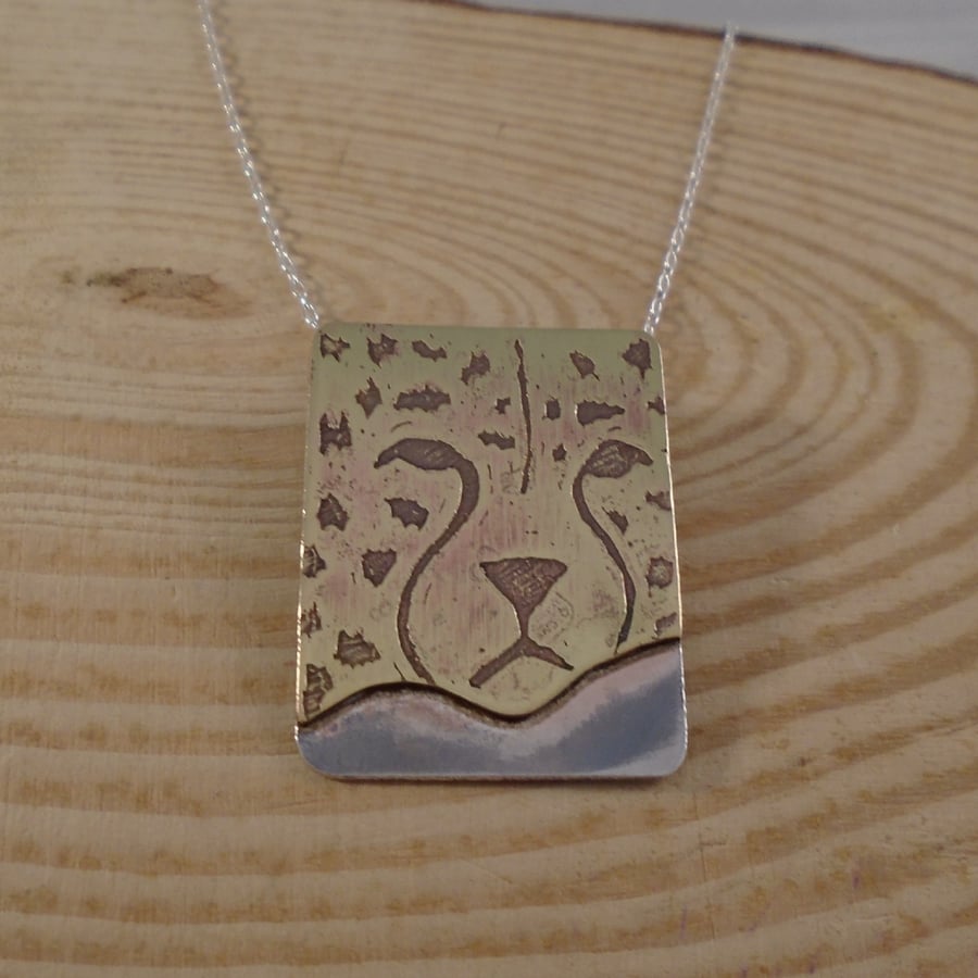 Sterling Silver and Brass Cheetah Face Necklace