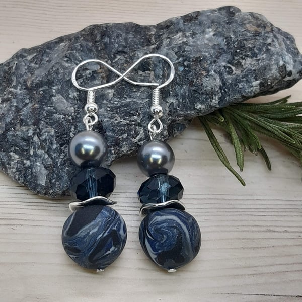 Navy, grey and black dangly earrings