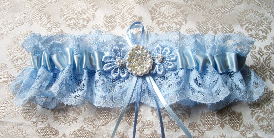 Blue lace wedding bridal garter with Swarovski pearls