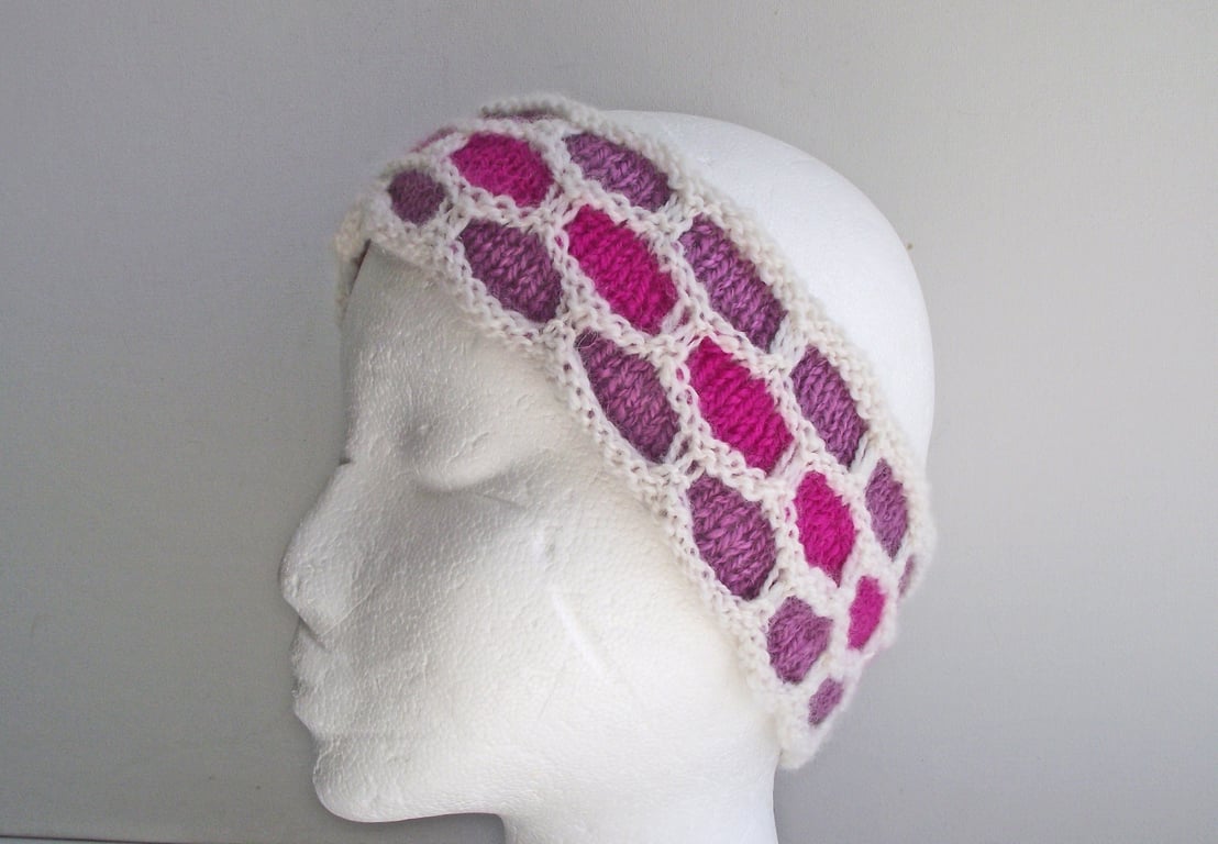Knitted Headband, Earwarmer or Hairband, Handspun White and Pink Merino