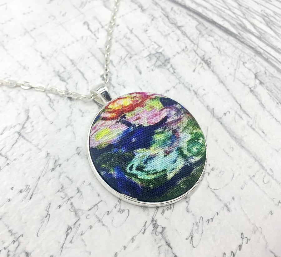 Water Lilies Monet inspired fabric button pendant silver plated