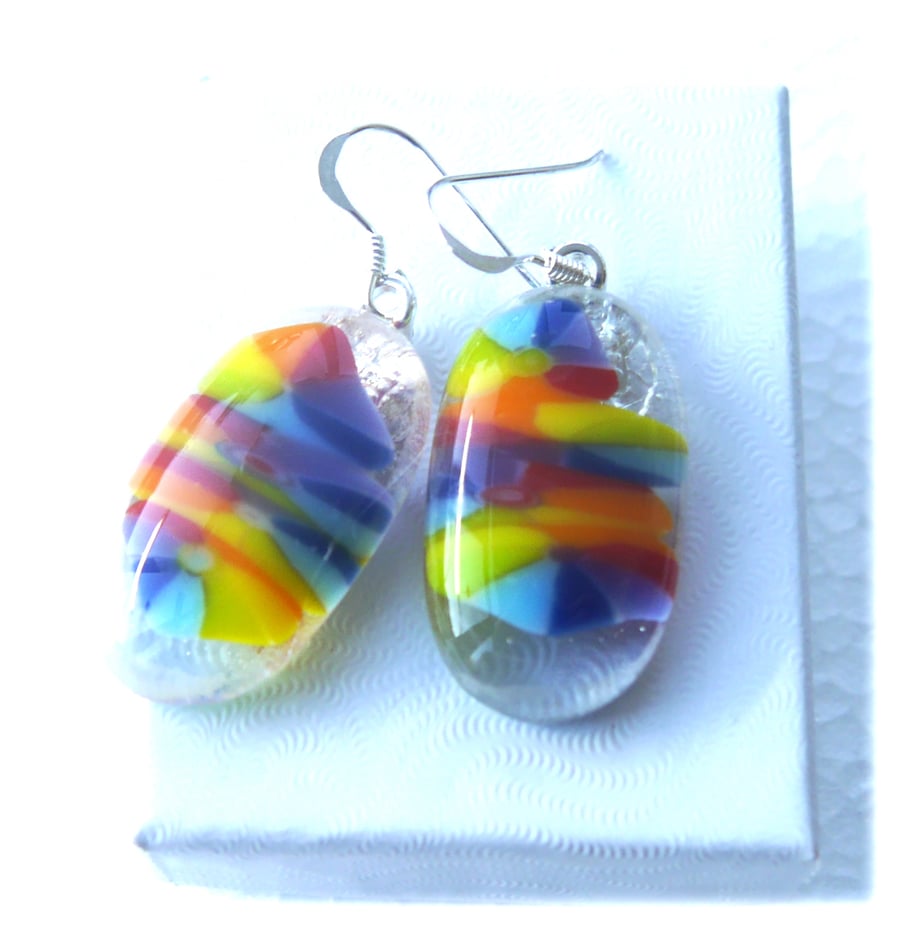 Earrings Fused Glass Millefioiri Handmade M007 Rainbow Flowers