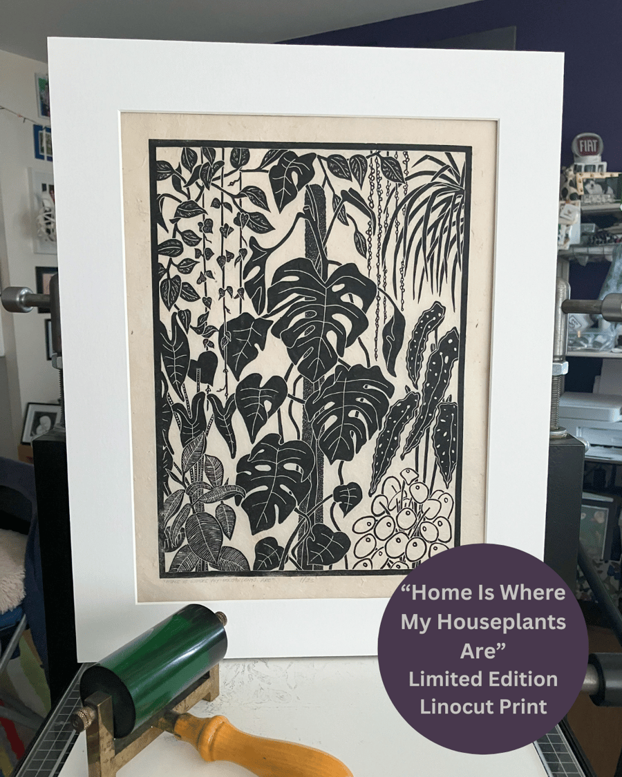 Lino Print - Home Is Where My Houseplants Are - Houseplants - Indoor Garden