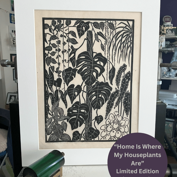 Lino Print - Home Is Where My Houseplants Are - Houseplants - Indoor Garden