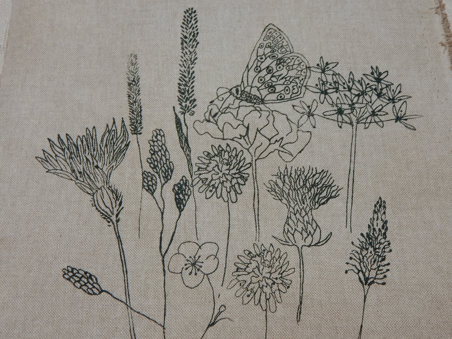 Butterfly and Hedgerow flower - Screen print on beige cotton - 25cm x 25cm