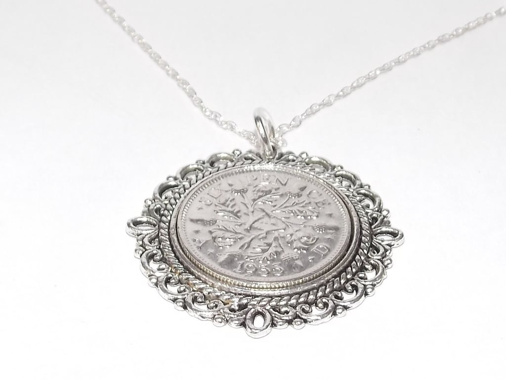 Fancy Pendant 1935 Lucky sixpence 90th Birthday plus a Sterling Silver 18in Chai