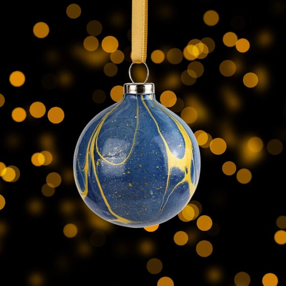 Prussian blue and gold marbled 5cm round ceramic Christmas bauble 