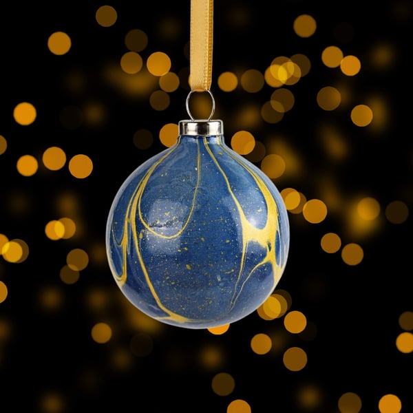 Prussian blue and gold marbled 5cm round ceramic Christmas bauble 