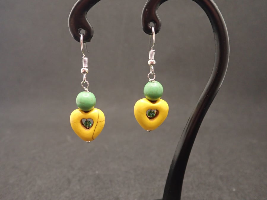 Yellow and green simulated turquoise heart beaded earring