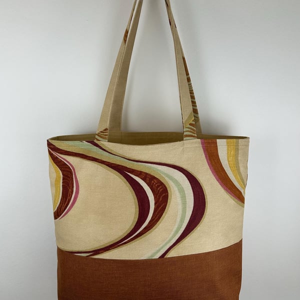 Handmade Large Tote Bag with Abstract Swirl Pattern, Rust and Beige Coloured Sho