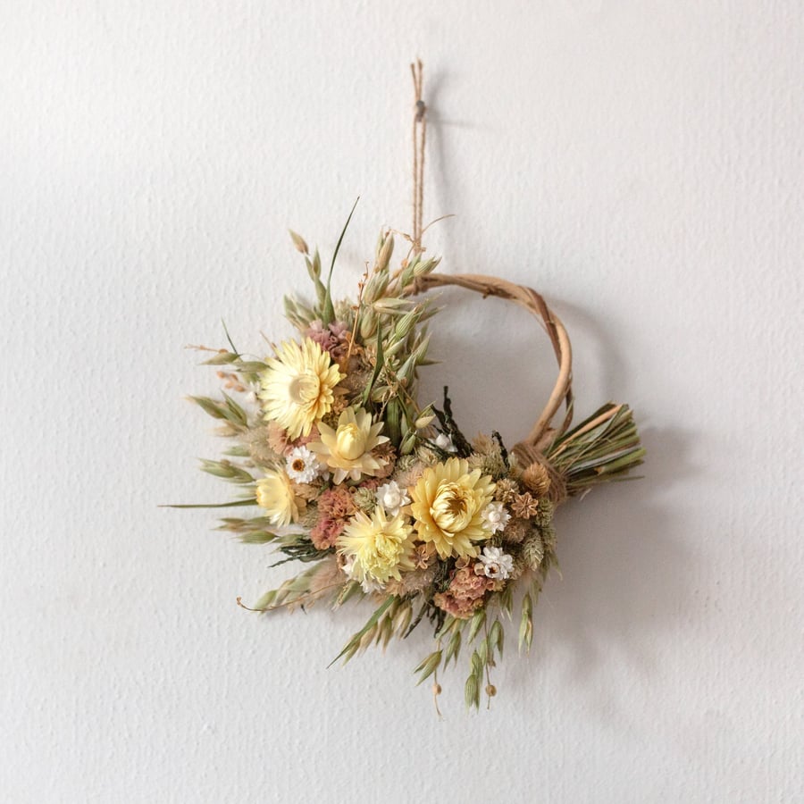 Small handmade dried flower pale yellow and apricot wreath hanging