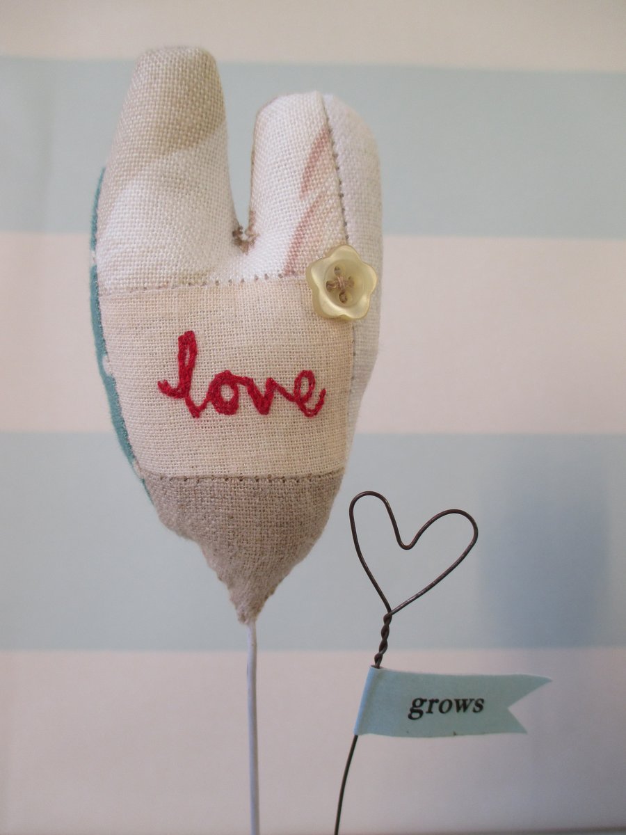 Fabric Love Grows Heart on wood block