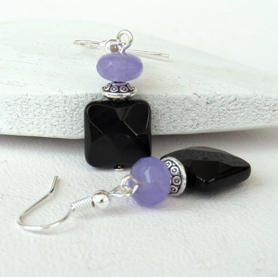 Black onyx and purple jade earrings