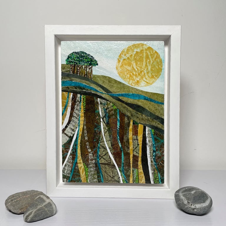 Original Framed Mixed Media Landscape Painting With Trees and Sun