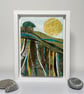 Original Framed Mixed Media Landscape Painting With Trees and Sun