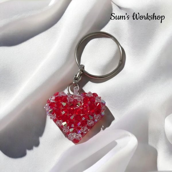 Radiant Love Light Siam Swarovski Heart Bag Charm with Keyring