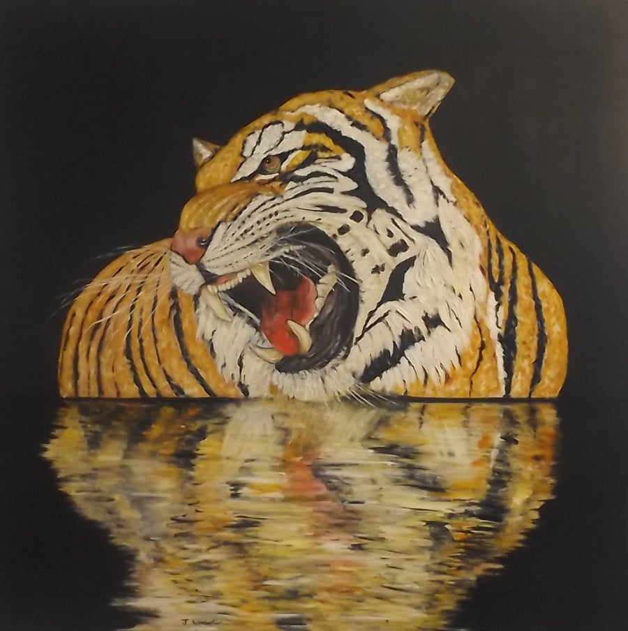 An extra large contemporary painting of a Tiger titled Reflections