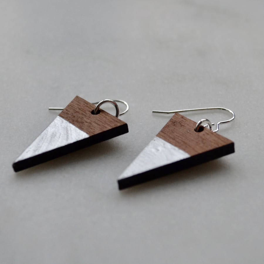 Wooden Triangle Dangly Earring with Silver Leaf