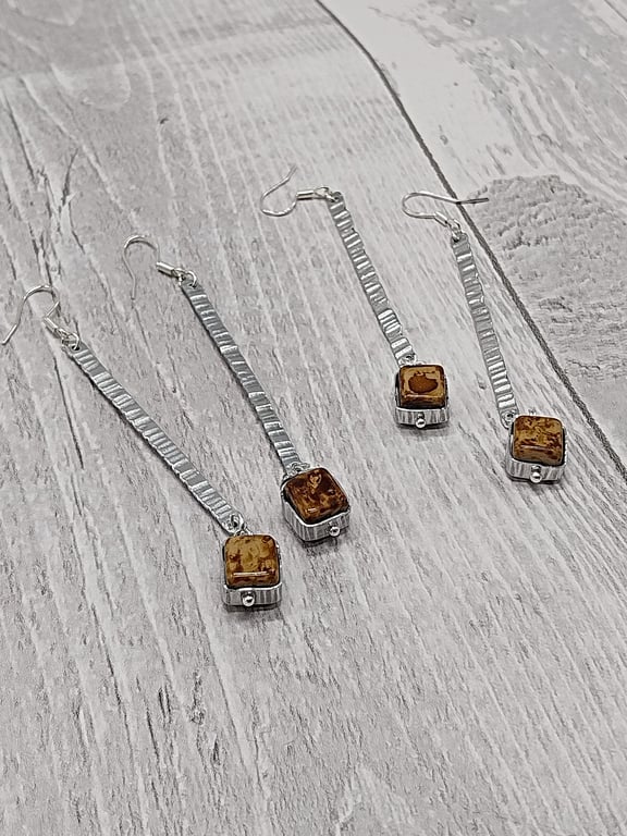 Recycled Aluminium & Square Brown Bead Earrings - Upcycled Jewellery Materials