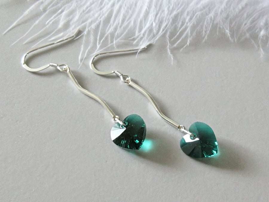 Green Premium Crystal Heart Earrings With Solid Sterling Silver Curved Bars