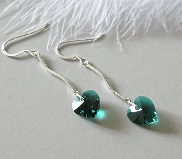 Green Austrian Crystal Heart Earrings With Solid Sterling Silver Curved Bars