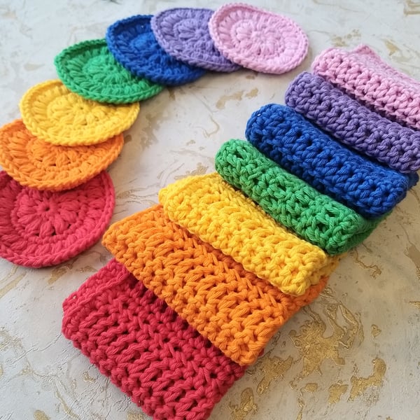 Set of 7 Rainbow Cotton Face Scrubbies  & 3 Wash Cloths