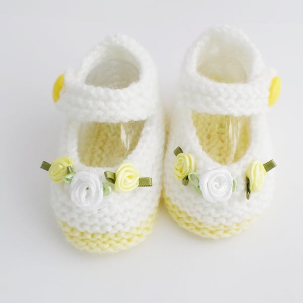 Mary Jane knitted baby shoes white and lemon, premature, newborn 