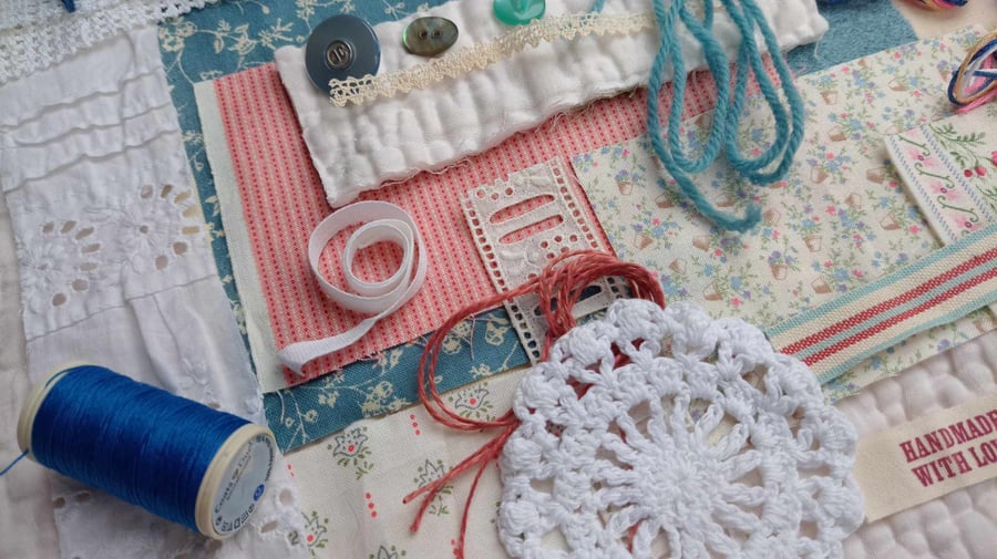 Slow Stitching kit - Blue Vintage with antique quilt, wool, cotton, lace