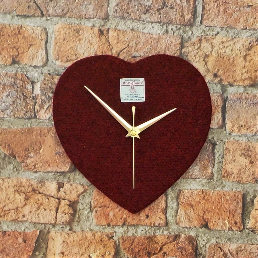 Harris tweed heart shaped clock dark red wedding gift ruby anniversary valentine