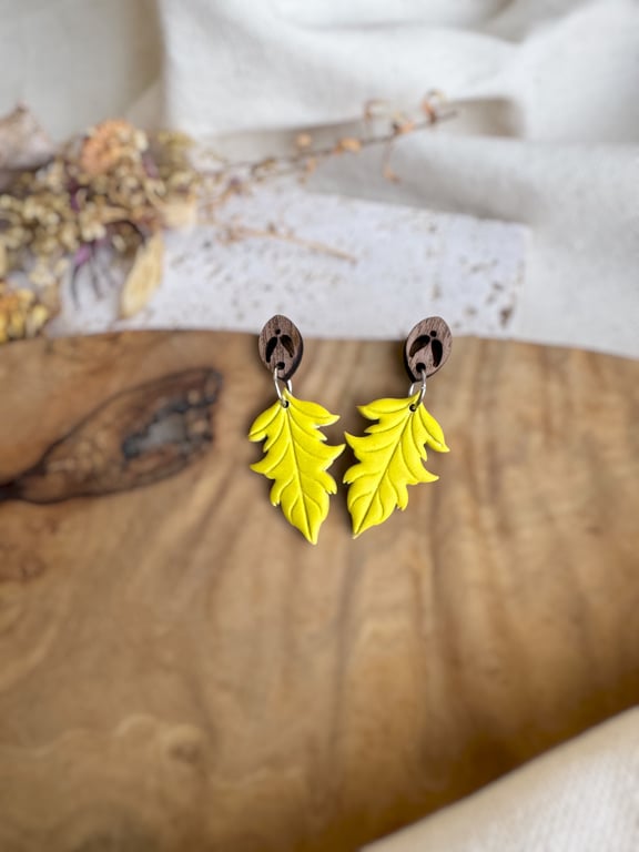 Autumn Chartreuse Oak Leaf & Walnut Wood Earrings