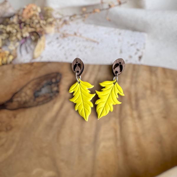 Autumn Chartreuse Oak Leaf & Walnut Wood Earrings